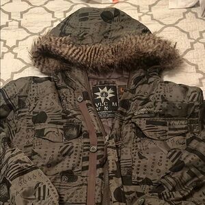 Volcom Gray Patterned Jacket with Fur Hood